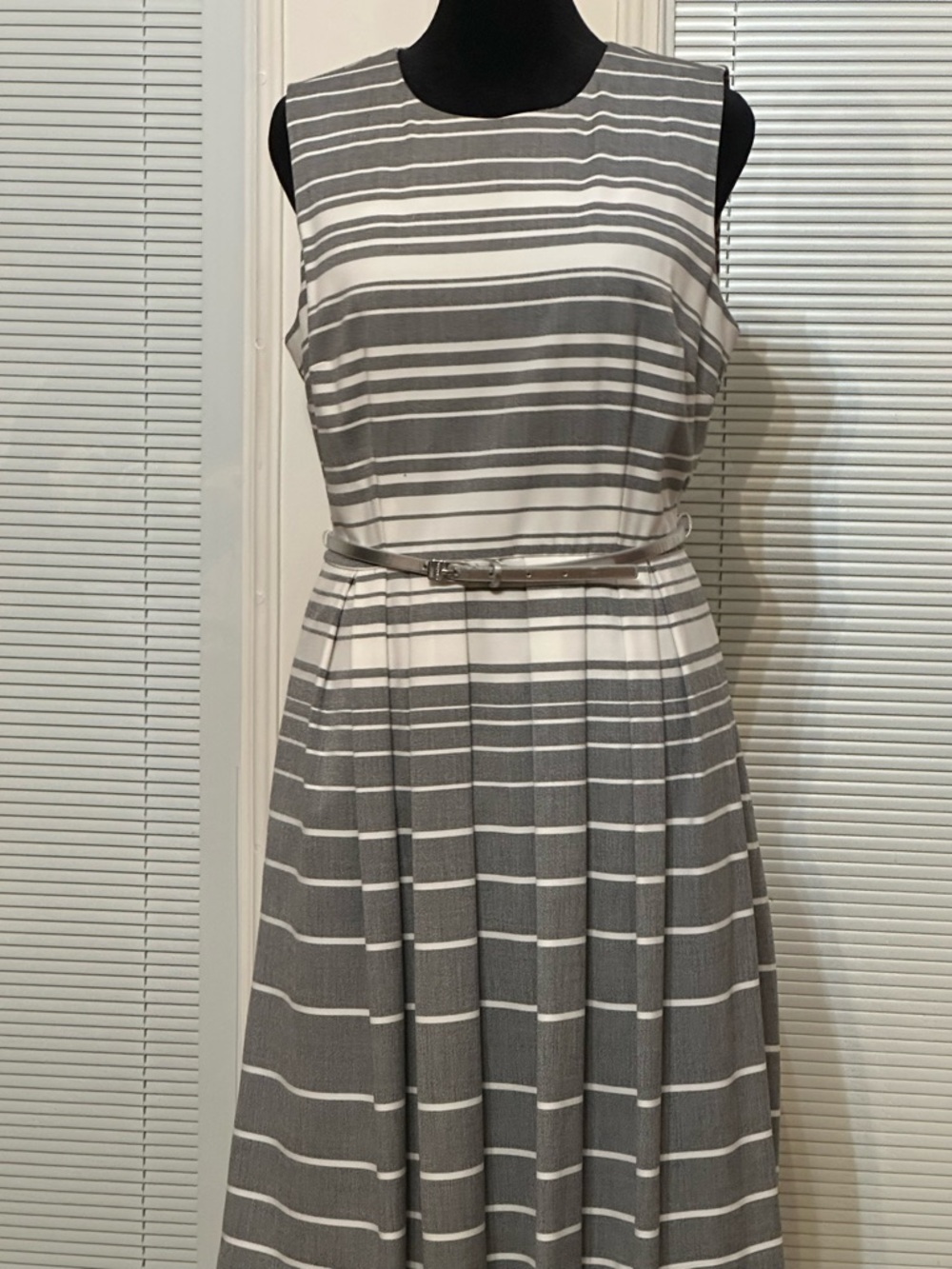 Calvin Klein Gray and White Striped Midi Dress